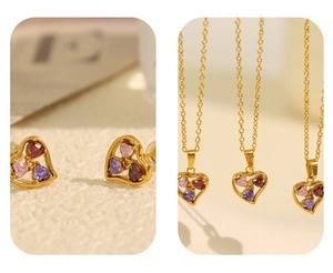 Macro detail of 18k gold plated heart necklace and earrings with colorful zircon stones