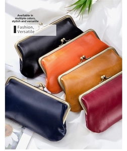 Macro shot of vintage genuine leather clasp purses available in five elegant colors
