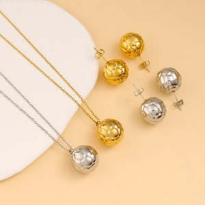 Stainless Steel Football Jewelry Set For Women Textured Sphere Pendant Necklace And Stud Earrings Minimalist Sporty Gift