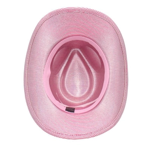 Detail view of pink western cowboy hat interior showing sweatband and washing label