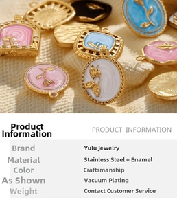 Macro shot of colorful enamel oil painting pendants with gold floral embossments