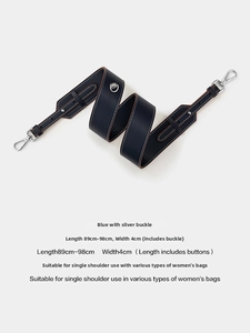 Adjustable wide navy leather replacement shoulder strap with silver metal buckle and white stitching