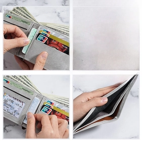 Detailed view of grey bifold wallet interior showing card slots and license window