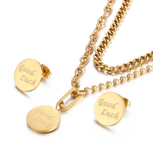Gioielli Acciaio Inossidabile Donne Collana A Strati E Orecchini Lobo Tondo Incisione Good Luck Stile Tendenza