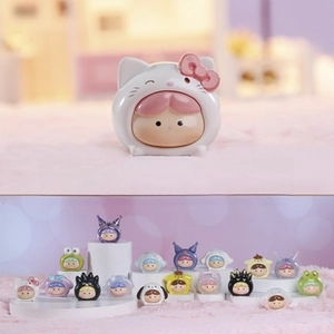 Detail of Sanrio blind box figures featuring Hello Kitty and friends in various costumes