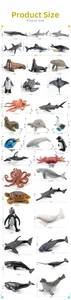 Detailed size chart showing dimensions for various realistic marine animal model toys