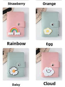 Detail showing various PU leather card holders with cute cartoon snap button designs