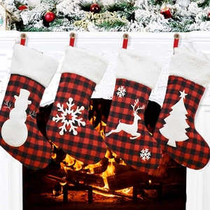 Christmas Stockings Buffalo Plaid Red Black Check White Faux Fur Cuff Snowman Reindeer Snowflake Tree Hanging Gift Bag
