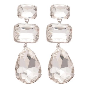 Elegant silver earrings featuring rectangular and teardrop crystals in a tiered waterfall style