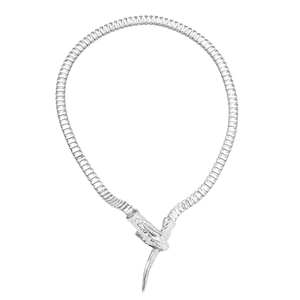 Luxurious silver snake head pendant necklace with rectangle zircon stones on white background