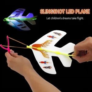 LED flashing slingshot foam plane toy with launcher for night flight games for kids