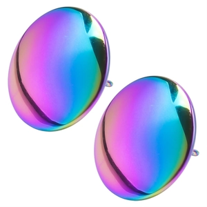 Macro shot of oval rainbow gradient stainless steel earrings with mirror finish