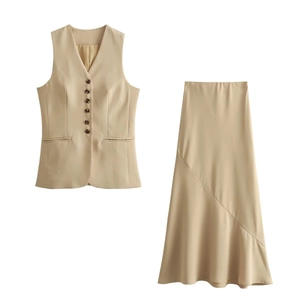 Tenue Élégante De Bureau Pour Femmes Gilet À Col En V Et Jupe Midi Asymétrique En Polyester Tissé Sans Manches