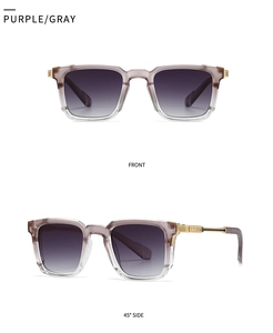 Detail of square purple-gray gradient sunglasses with gold metal hinge accents