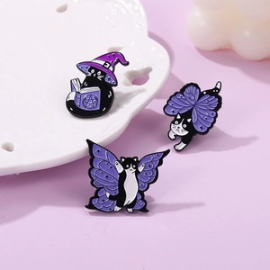 Cartoon Halloween magic cat enamel brooches in purple and black on ceramic decor