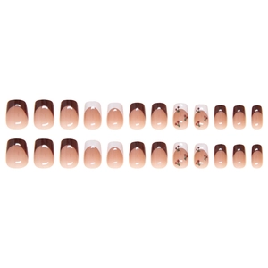 French style 24pcs press-on nails with dark brown and white cherry pattern glossy finish