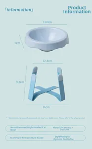 Detailed dimensions of blue scalloped ceramic cat bowl with reinforced iron stand
