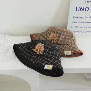 Chapeaux bob pour enfants à carreaux noir et marron avec patch ours pour 2-5 ans