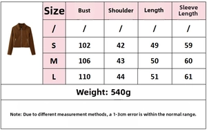 Size chart showing bust and shoulder measurements for the short zipper jacket garment