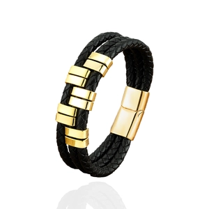 Men's multi-layer black leather braided bracelet with gold metal charms and magnetic clasp