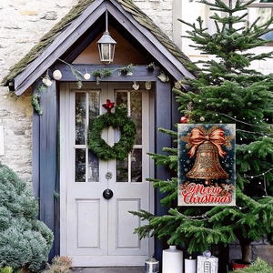 Double-sided Christmas garden flag with navy blue background, brass bell and red bow