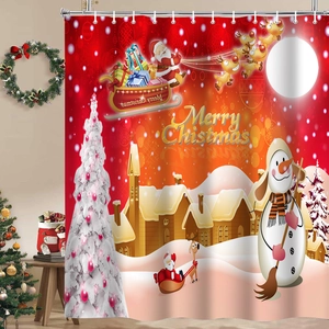 Detailed view of waterproof Christmas shower curtain featuring Santa and reindeer print