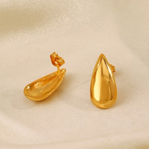 Polished 18K gold plated stainless steel teardrop stud earrings on elegant silk background