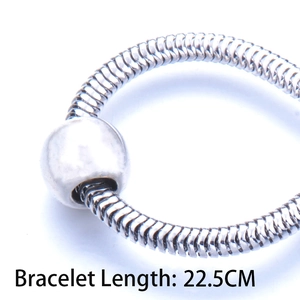 Close-up of silver snake chain bracelet showing lobster clasp and 22.5cm length detail