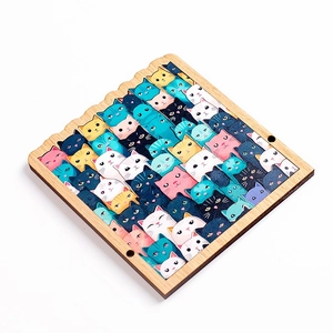 Square wooden puzzle featuring colorful cartoon cat patterns on a clean white background