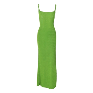 Robe longue élégante verte dos nu avec fente latérale et fines bretelles pour femme