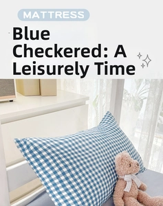 Close-up of blue and white plaid cotton pillowcase with minimalist aesthetic decor
