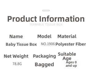 Detailed specifications for tearable baby tissue box toy made of polyester fiber