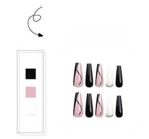 Détails de faux ongles ballerine longs avec motifs vagues noirs et strass brillants
