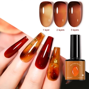 XEIJAYI Jelly Amber Nail Gel 02 showing 8ml bottle and 1-3 layer color effects