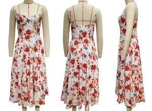 Detailed views of French floral dress showing strap design and elegant rose pattern print