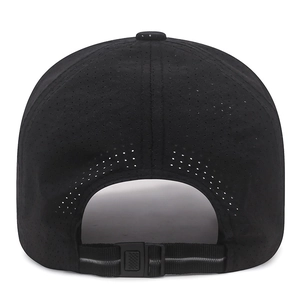 Black mesh baseball cap with laser-cut breathability and reflective adjustable strap