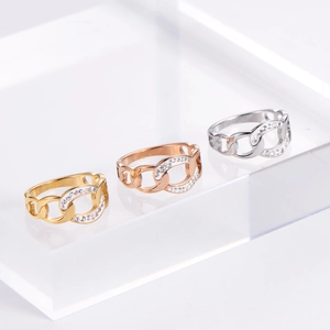 Hollow chain rings in gold, rose gold and silver finish with white diamond accents