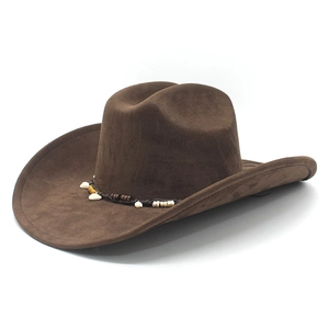 Dark brown faux suede cowboy hat with ethnic shell bead band shown at a 45-degree angle