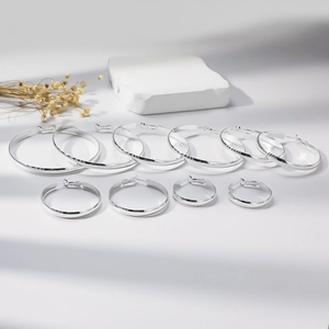 Polished silver hoop earrings in multiple sizes on a minimalist background with dry flowers