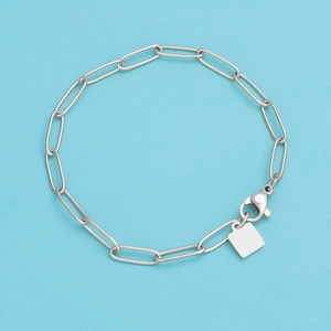 Detailed macro view of silver paperclip link bracelet with square tag and lobster clasp