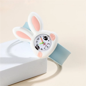 Cute bunny kids watch with light blue silicone strap and white rabbit face dial