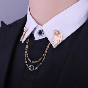 Vintage Angel Wings Collar Pin With Double Chain Alloy Rhinestone Shirt Accessory For Men Women Gothic Style