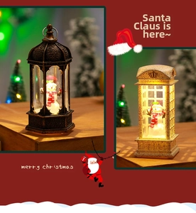 Detail of LED Christmas lanterns featuring snowman figures and warm festive lighting