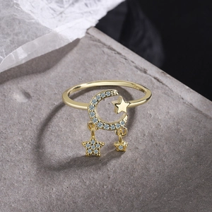Minimalist S925 sterling silver gold plated ring with crystal star and moon pendant