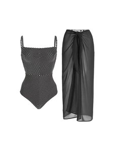Detail of black and white striped swimsuit set with a sheer black sarong cover-up