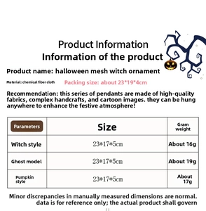Detailed size chart for Halloween mesh witch, ghost, and pumpkin pendant decorations