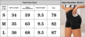 Size chart for high waisted yoga shorts featuring measurements for S, M, and L sizes