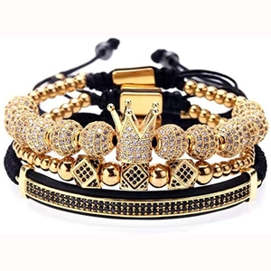 Men Luxury Crown Zircon Bead Bracelet And Roman Numeral Bangle Copper Adjustable Braided Rope Jewelry Stackable