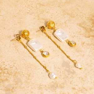 18k gold plated stainless steel tassel earrings with geometric shell and pearls