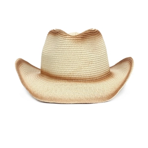 Detailansicht der gewebten Stroh-Cowboyhut mit Farbverlauf und feiner Fasertexturierung